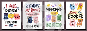 Books characters with texts. Education motivation posters, different literary genres, animated volumes with cute funny