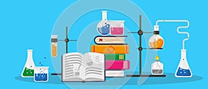 Books, chemistry research lab and science equipment