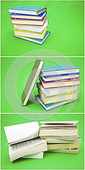 Books collage stacks green background