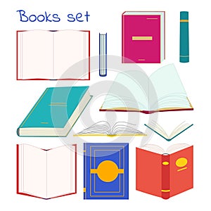 Books collection in different positions and colors. Vector opened and closed books isolated icons set on white