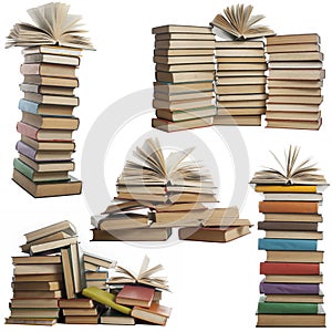 Books collection isolated on white background. Open, hardback book.