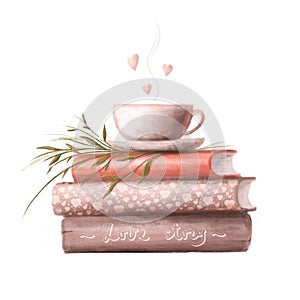 Books and cup of hot drink with hearts, valentines illustration, watercolor style clipart