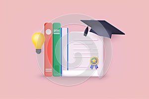 Books and diploma education concept. 3D Web Vector Illustrations