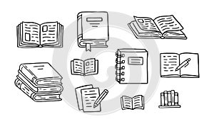 Books doodle illustration. Literature education, library literature, open novel, dictionary, notes with pen, textbook