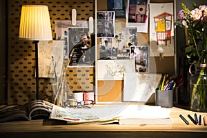 Books and drafts on wooden table under lamp light photo