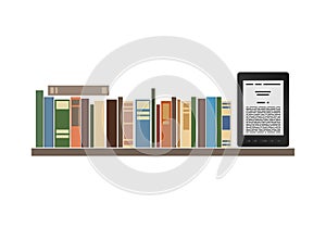 Books and e-book on a shelf on a white background.