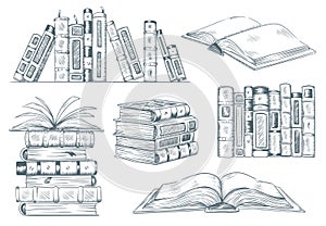 Books engraving. Vintage open book engrave sketch drawn. Hand drawing student reading textbook vector illustration photo