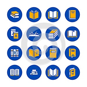Books flat glyph icons. Reading, library, literature education illustrations. Signs for e-book store, textbook