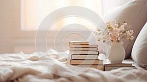 Books and flowers on a bed in front of windows, AI