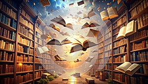 Books flying through a grand library
