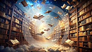Books flying through a magical library