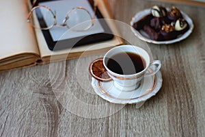 Books, Glasses, Tablet, Tea, Chocolate, Cookies and Candles