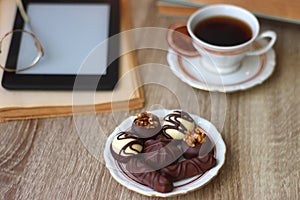 Books, Glasses, Tablet, Tea, Chocolate, Cookies and Candles