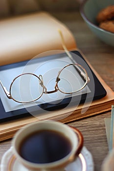 Books, Glasses, Tablet, Tea, Chocolate, Cookies and Candles