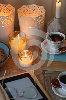 Books, Glasses, Tablet, Tea, Chocolate, Cookies and Candles