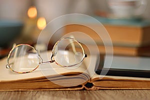 Books, Glasses, Tablet, Tea, Chocolate, Cookies and Candles