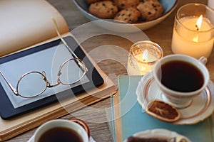 Books, Glasses, Tablet, Tea, Chocolate, Cookies and Candles