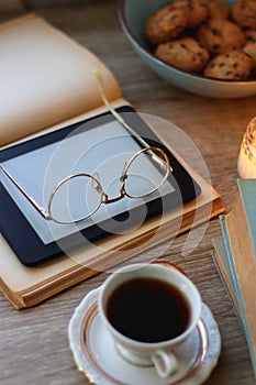 Books, Glasses, Tablet, Tea, Chocolate, Cookies and Candles