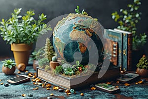 books and a globe on a table in a modern interior, the concept of education and travel, 3D illustration