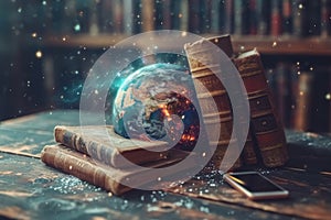 books and a globe on a table in a modern interior, the concept of education and travel, 3D illustration