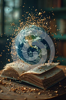 books and a globe on a table in a modern interior, the concept of education and travel, 3D illustration