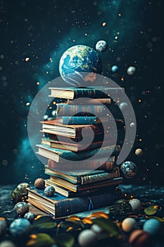 books and a globe on a table in a modern interior, the concept of education and travel, 3D illustration