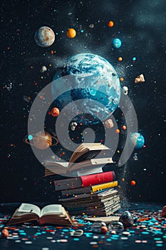 books and a globe on a table in a modern interior, the concept of education and travel, 3D illustration