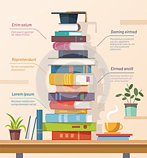 Books and graduation cap, education infographics vector