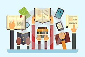 Books in hands. Reading library book. Hand holding textbook, read and education flat vector illustration photo