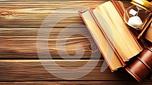 Books, hourglass, wood, table, time, knowledge, education, vintage, background, learning