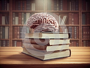 Books and a human brain on a desk. Self development and education concept