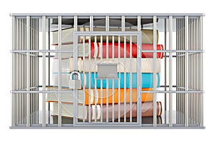Books inside cage, prison cell. 3D rendering
