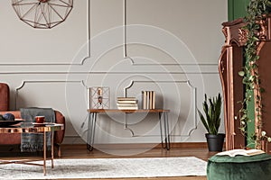 Books and lamp on console table in stylish grey living room interior with fireplace portal