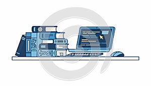 Books and laptop showing programming code for e learning