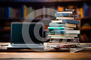 Books with laptop on table blur background