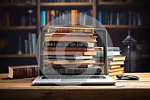 Books with laptop on table blur background