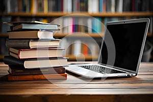 Books with laptop on table blur background