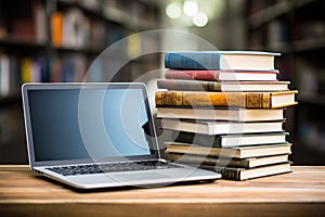 Books with laptop on table blur background