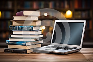 Books with laptop on table blur background