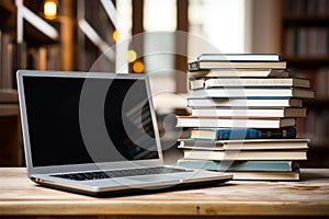 Books with laptop on table blur background