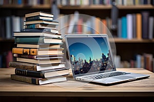 Books with laptop on table blur background