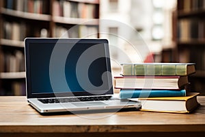 Books with laptop on table blur background