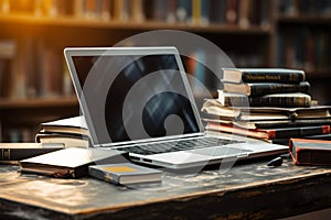 Books with laptop on table blur background