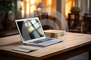 Books with laptop on table blur background