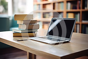 Books with laptop on table blur background