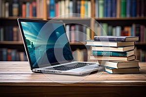 Books with laptop on table blur background