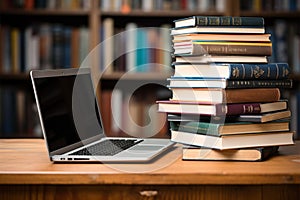 Books with laptop on table blur background