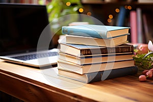 Books with laptop on table blur background