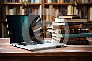 Books with laptop on table blur background