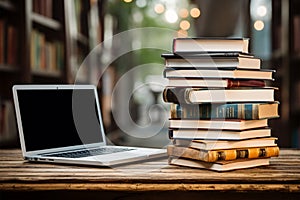 Books with laptop on table blur background